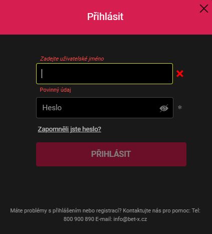 Přihlášení v BetX