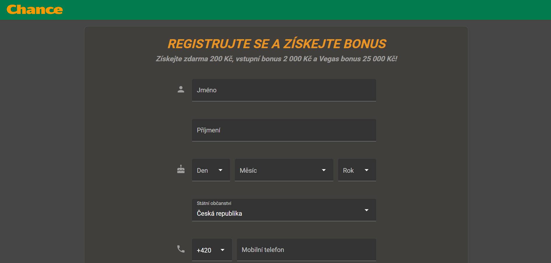 Chance registrační formulář